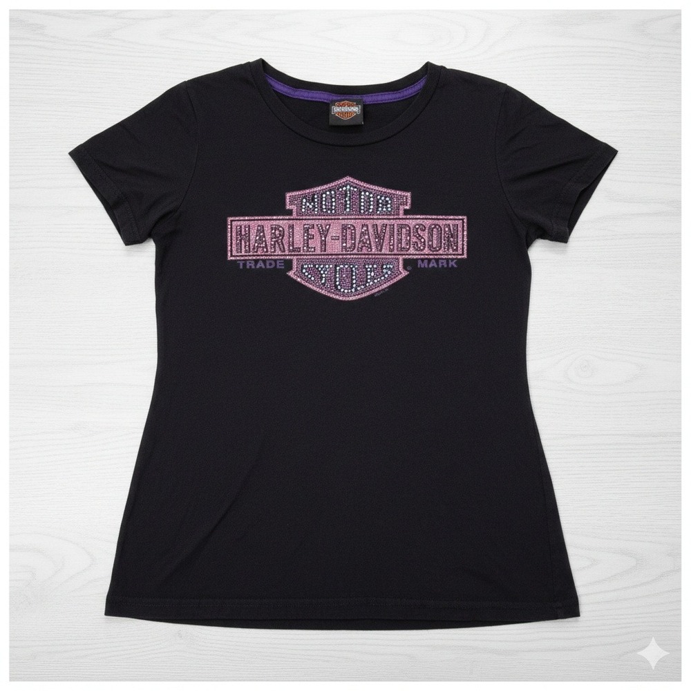Harley Davidson Women's Medium‎ T-Shirt Black Rhinestone Logo Tri County Ohio